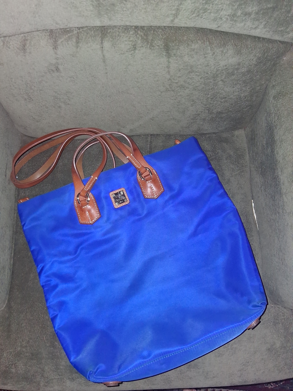Dooney & Bourke Blue Nylon Tote with Brown Leather Trim
